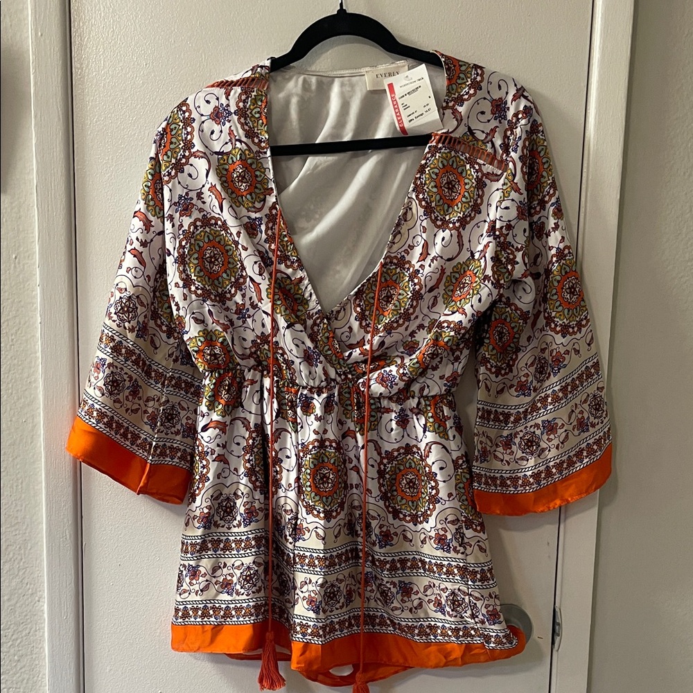 Everly Multicolor Bohemian Blouse with Orange Trim